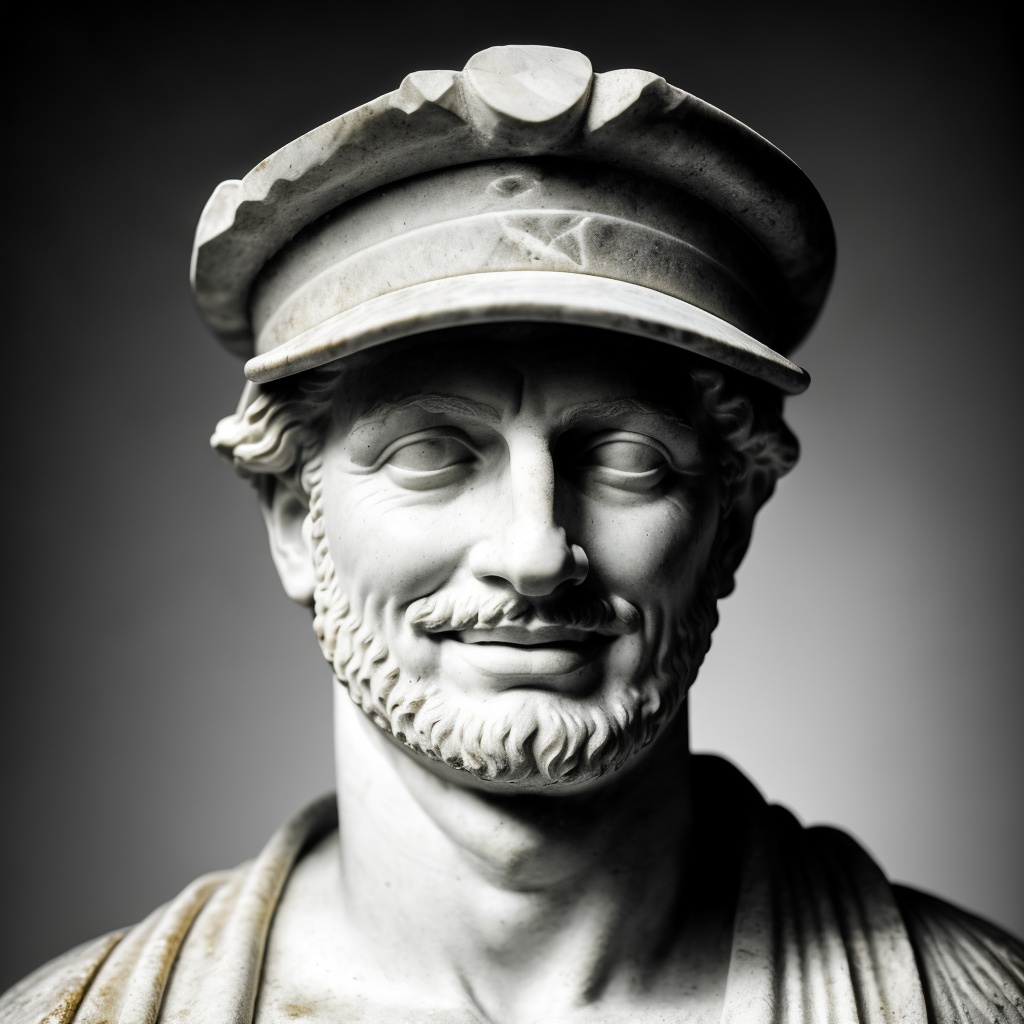 Real Style: a marble bust of a smiling Greek or Roman statue wearing a cap, high-resolution texture, soft studio lighting, detailed facial features, subtle shadows on stone, real visual tone Real Style: a marble bust of a smiling Greek or Roman statue wearing a cap
